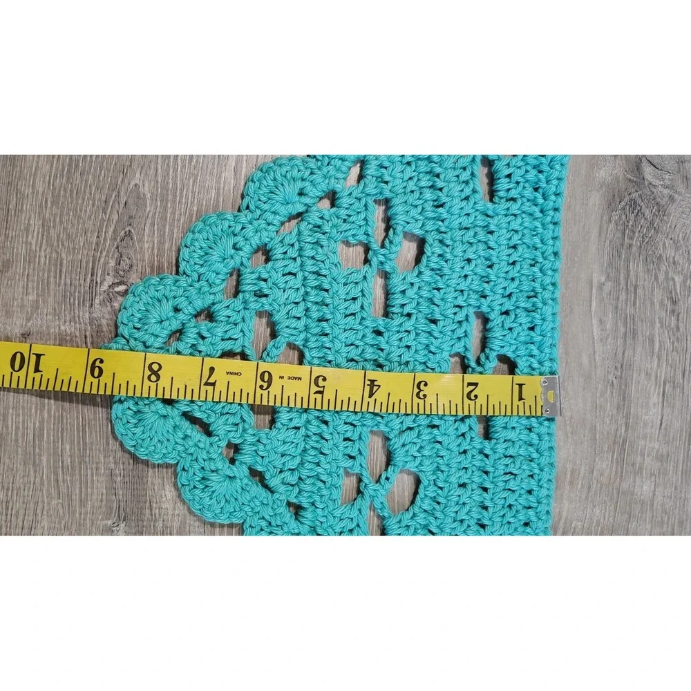 Handmade Crochet‎ Triangle Head Scarf Scalloped Hem Blue Cotton Cottage Boho